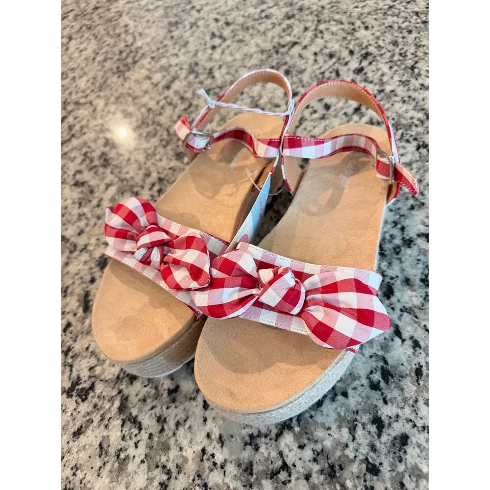 Cat & Jack Girls Red Gingham Espadrille Platform Sandals Bow Ankle Strap Size 4